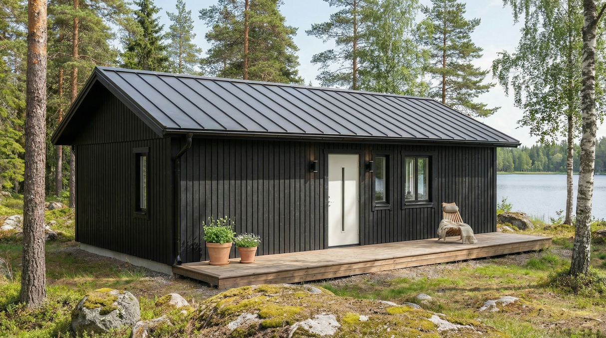 Attefallshus med mörk träpanel, vita fönster och grått sadeltak vid entré