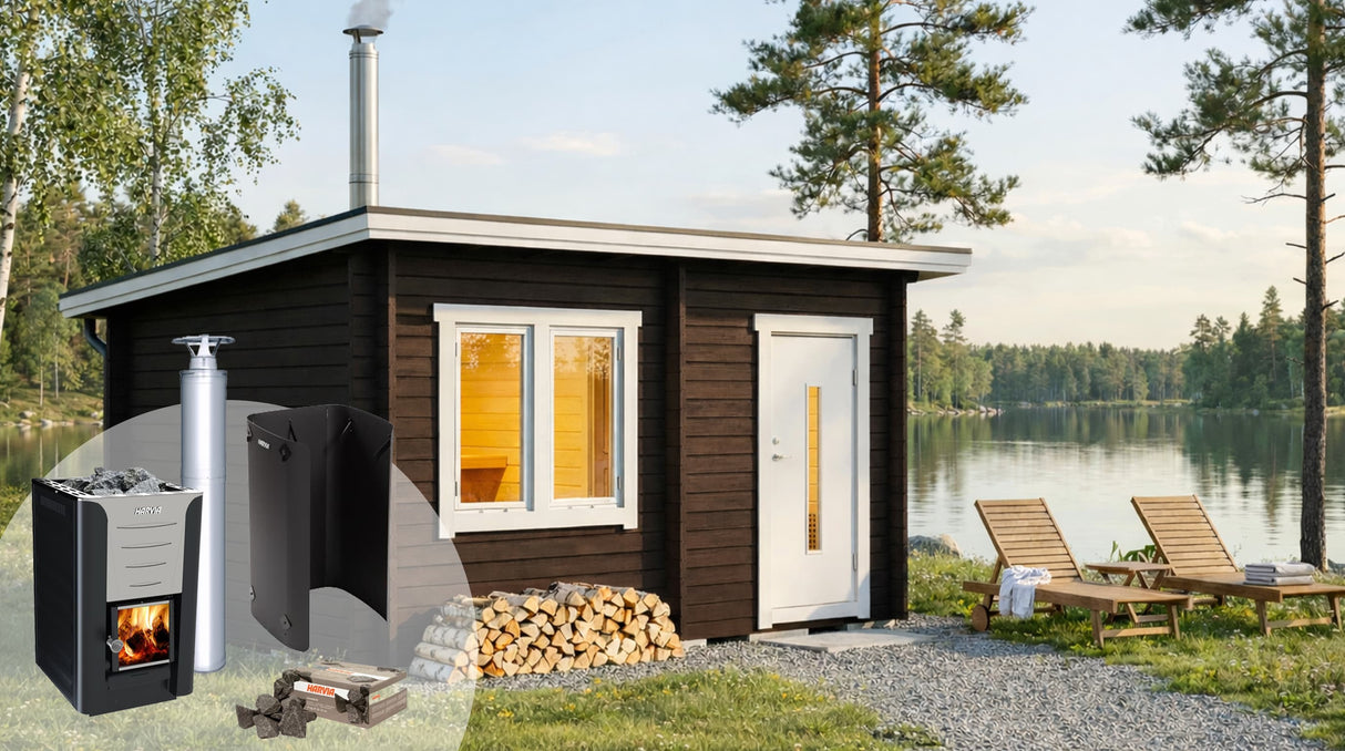 Bastupaket: bastuhus med svart kamin, skorsten och stenmagasin