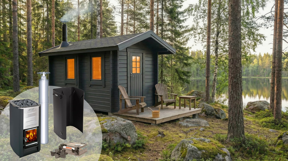 Utomhusbastupaket med bastuugn och rostfri skorsten vid bastustuga