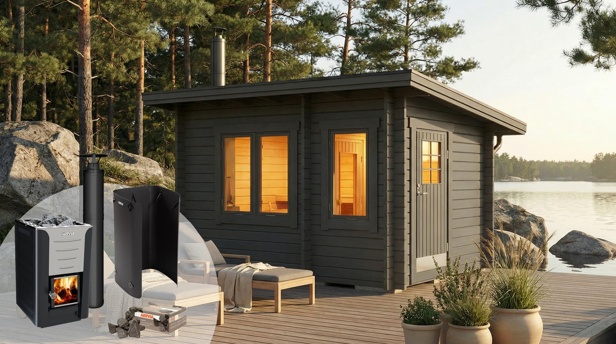 Bastustuga med grå fasad och Harvia 20 Pro kamin med svart skorsten