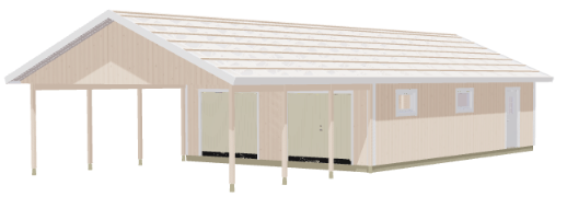 Garage med carport, ljus fasad, sadeltak och öppna partier under tak
