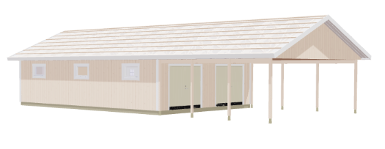 Garage med carport i ljus träfasad, sadeltak och flera öppna stolpar