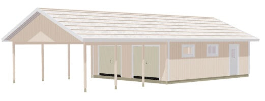 Dubbelgarage med carport, ljusbeige fasad, vit pelarstöd och portöppningar