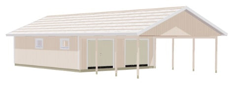 Dubbelgarage med carport, ljus fasad och dubbla garageportar samt öppet carportparti.