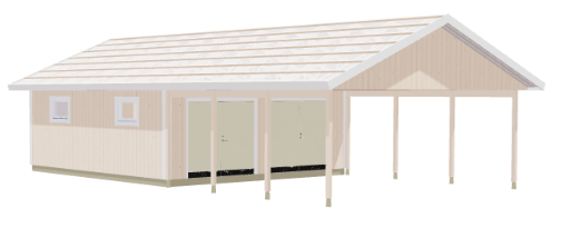 Garage med carport och snedställt tak, ljusa väggpaneler, två stora portar och fönster