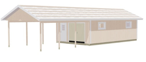 Garage med carport och sadeltak, ljus panel, fönster och entré