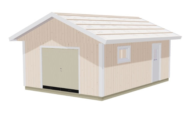 Enkelgarage i ljus träpanel med garageport och sadeltak i vit panel.
