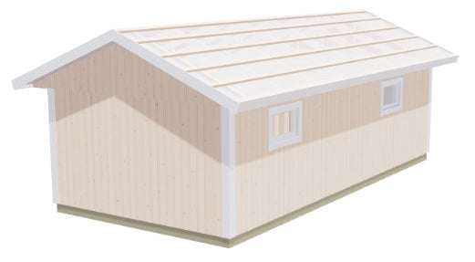 Enkelgarage i ljus träpanel med fönster och tak med ribbstruktur