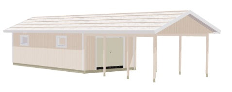 Garage med carport, ljus fasad, tak i grå plåt, öppna sidostolpar.