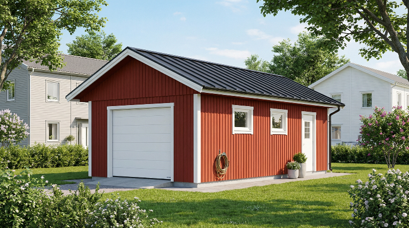Enkelgarage med röd träpanel, vit garageport och mörkt tak