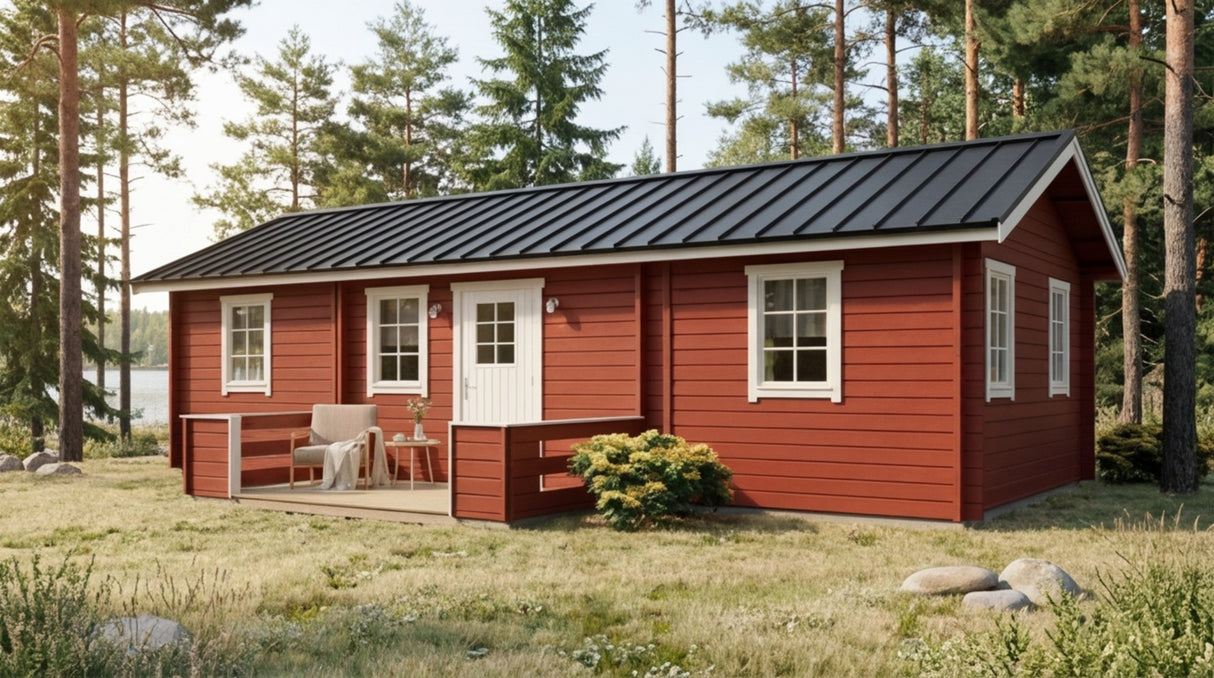 Semesterhus i rött trä med sadeltak, stora fönster och veranda