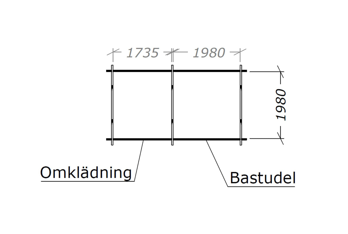 Bastustuga skiss med mått 1735×1980 och markerade omklädning och bastudel