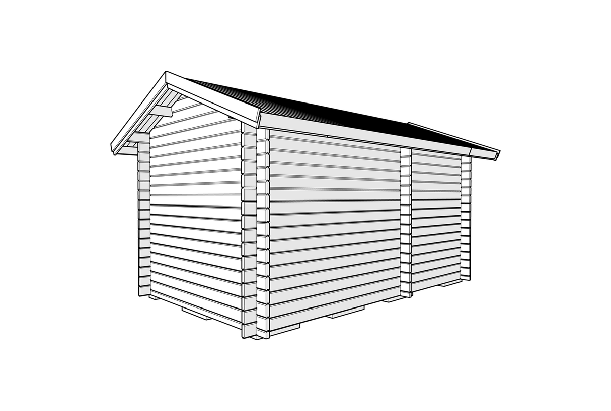 Bastustuga i 3D-ritning med sadeltak och väggpaneler, sedd från sned vinkel.