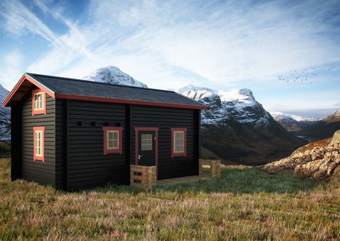 Attefallshus med loft 24 kvm exteriör i fjällmiljö