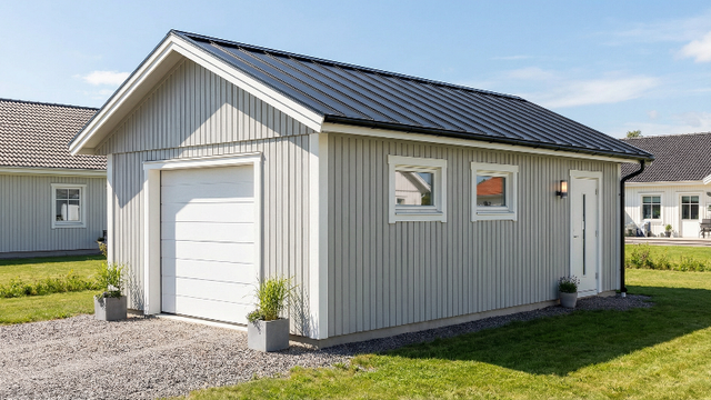 Attefallsgarage med vit garageport, sidodörr och fönster, svart takplåt