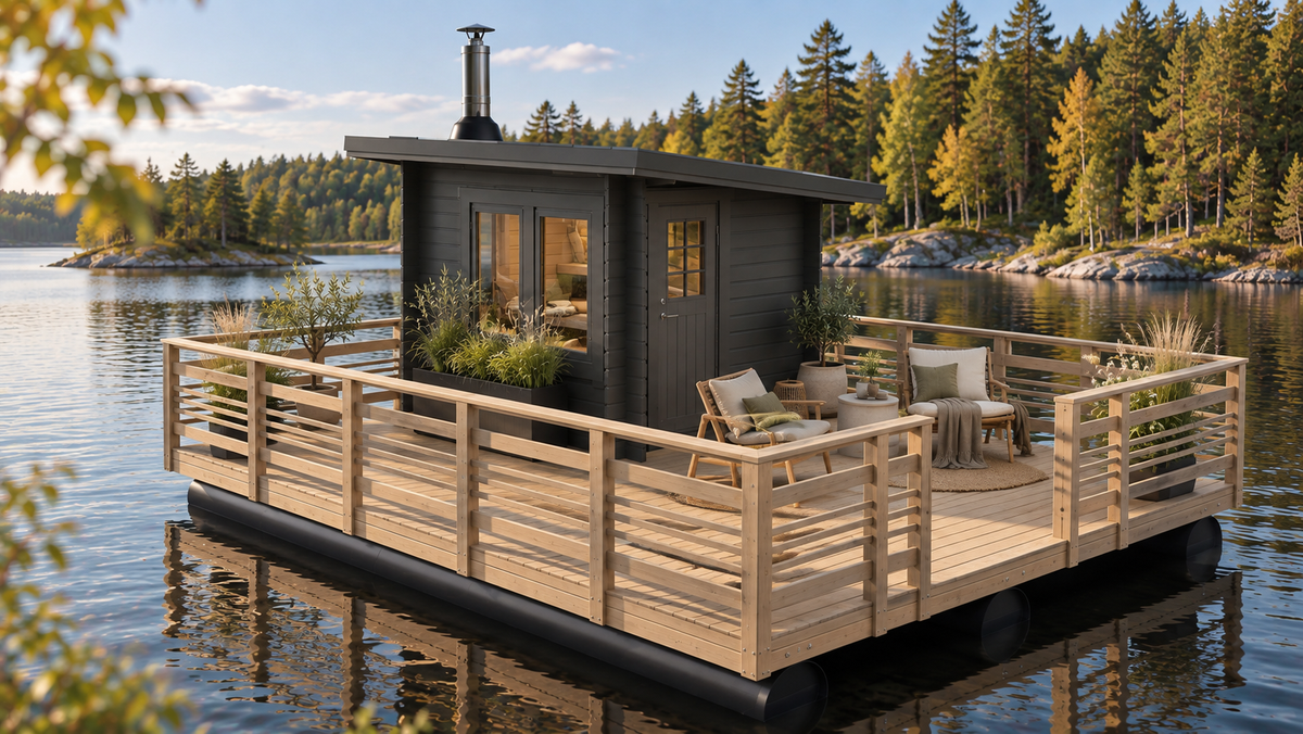 Flytande bastuflotte av grått trä med fönster, dörr och trädäck