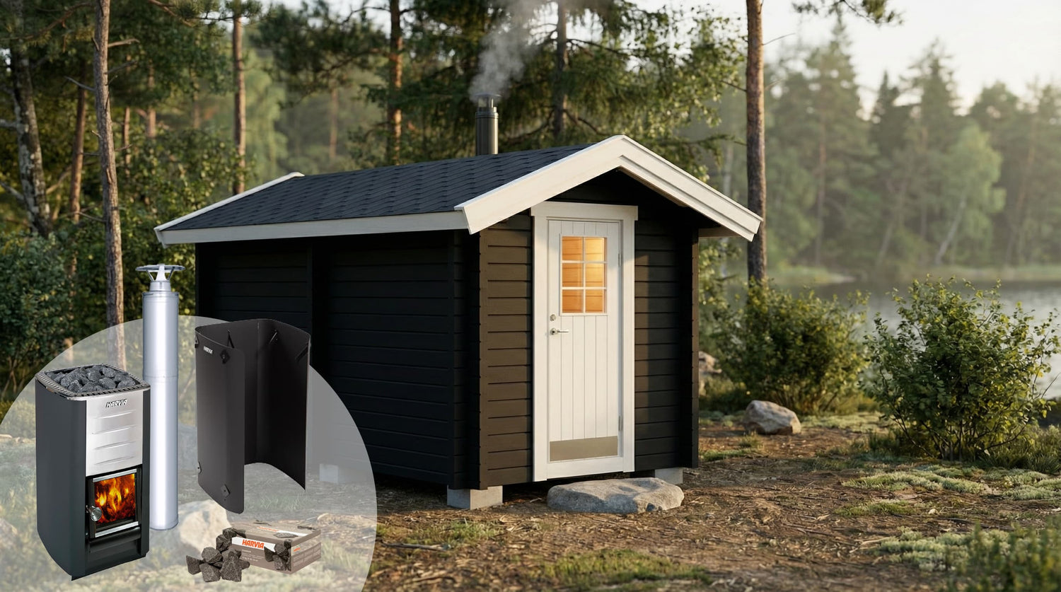 Bastupaket: bastuugn med svart skorsten och bastustuga med dörr och fönster.