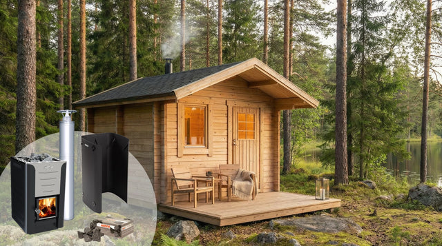 Träbastustuga med svart kamin, skorsten och altan