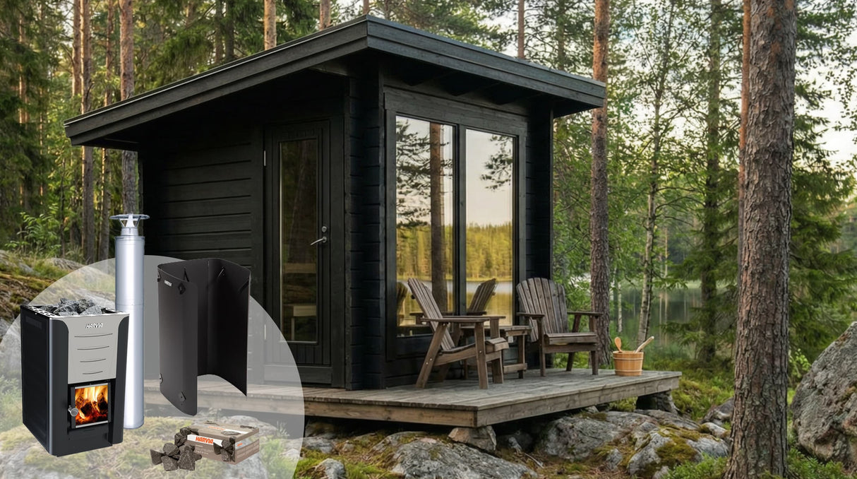 Bastupaket med svart bastuhus, glasdörr och vedugn med skorsten från Harvia