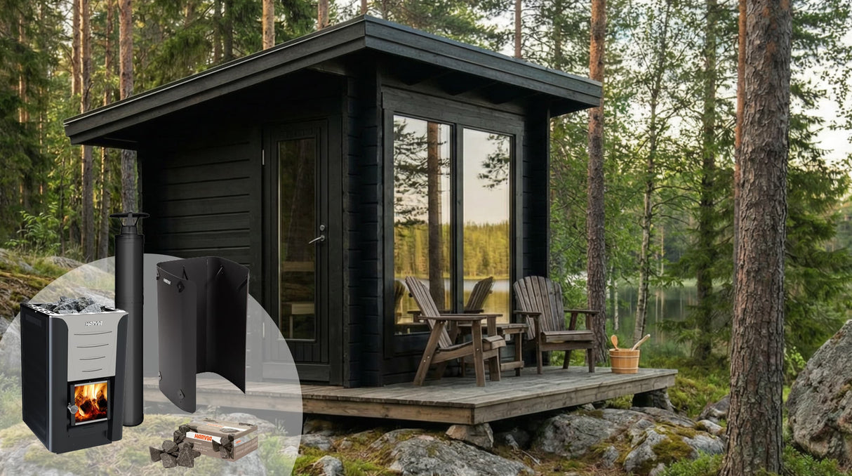 Svart bastuugn från Harvia med skorsten och tillbehör vid mark bredvid bastuhus
