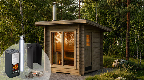 Träbastu med ugn och vit skorsten, samt stenmaterial