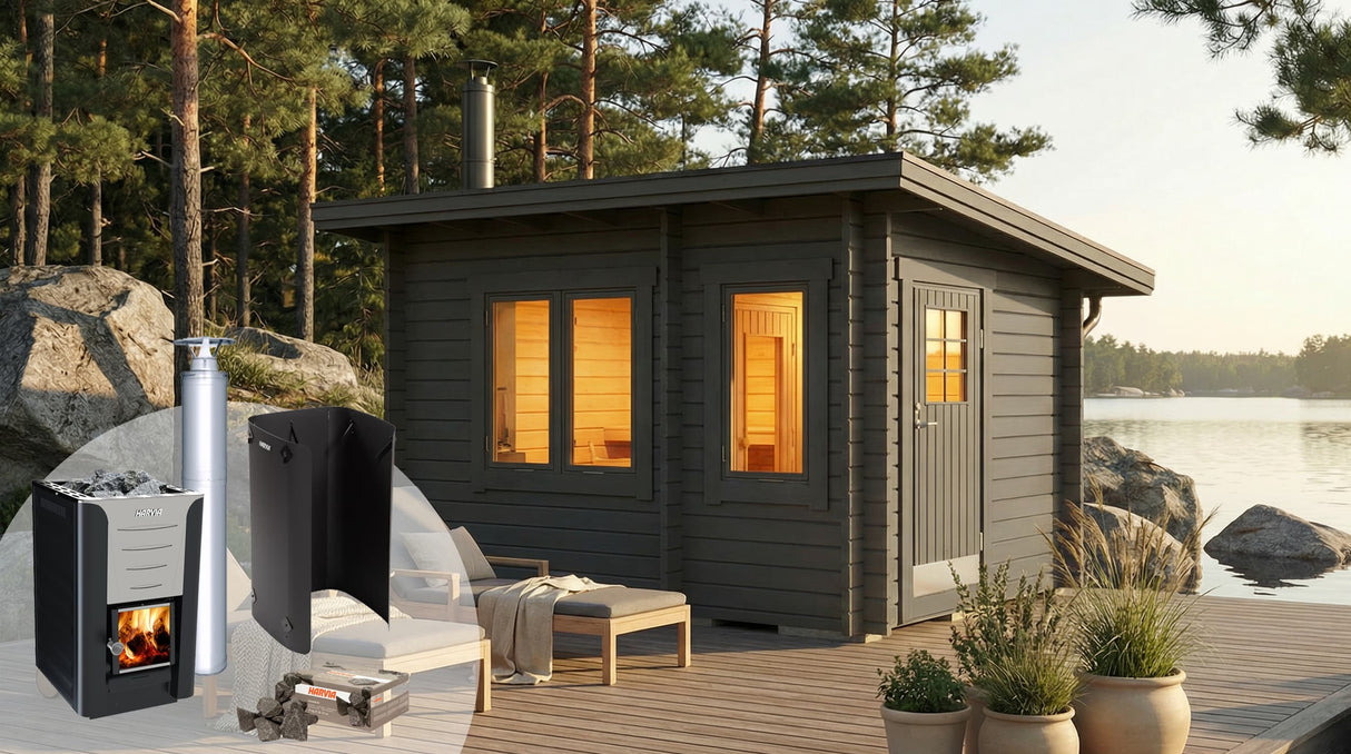 Bastustuga med grå fasad och Harvia 20 Pro kamin, skorsten vid entrén