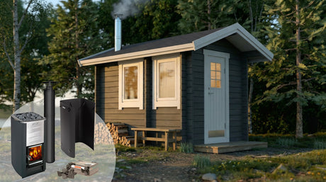 Bastupaket med bastustuga, kamin och silverfärgad skorsten