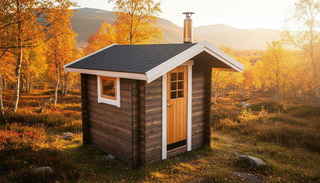 Bastustuga i trä med mörk fasadpanel, fönster, trädörr och rökkanal på taket.