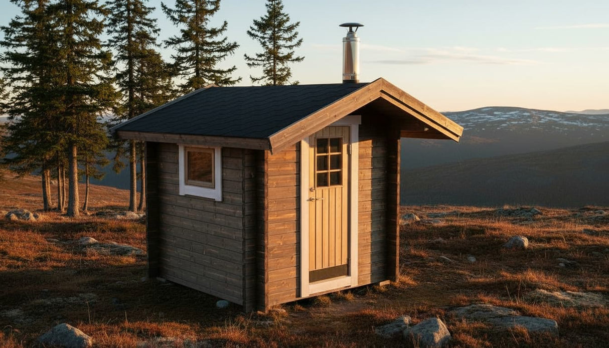 Bastustuga i trä med mörk fasad, fönster och dörr samt rökkanal på taket.