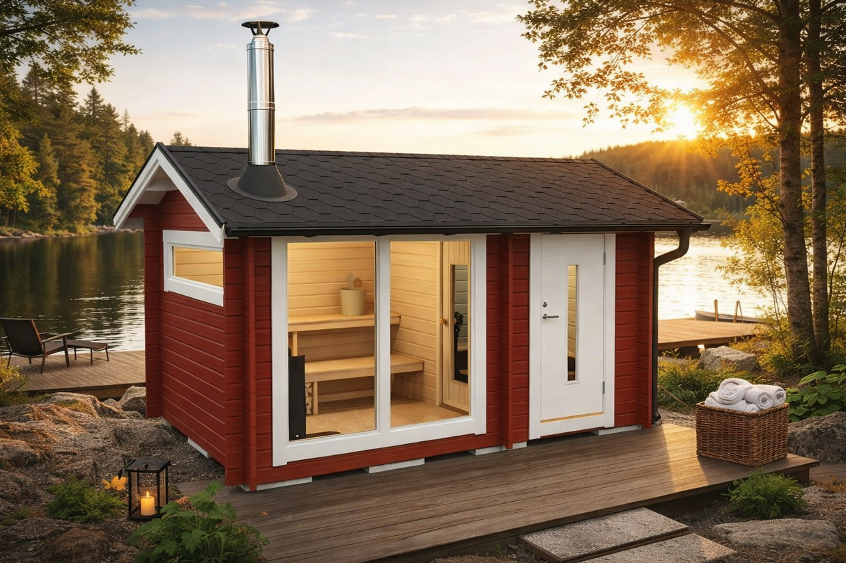 Trädgårdsstuga med veranda, röd fasad, vit dörr och svart tak samt skorsten.