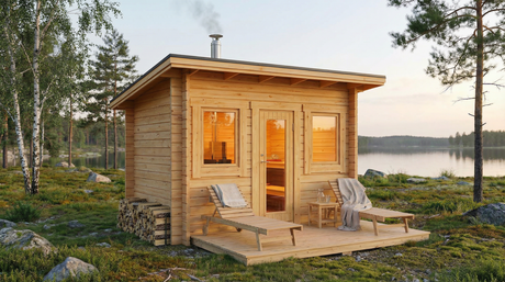 Trähusstuga med veranda och dubbla fönster, sadeltak och träpanel.