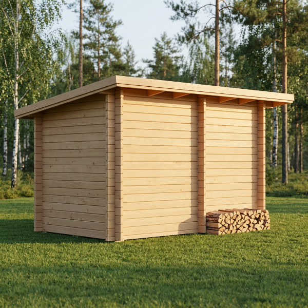 Bastustuga i trä med liggande paneler, skorsten och tak med överhäng