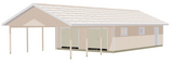 Garage med carport, ljus fasad, sadeltak och öppna partier under tak