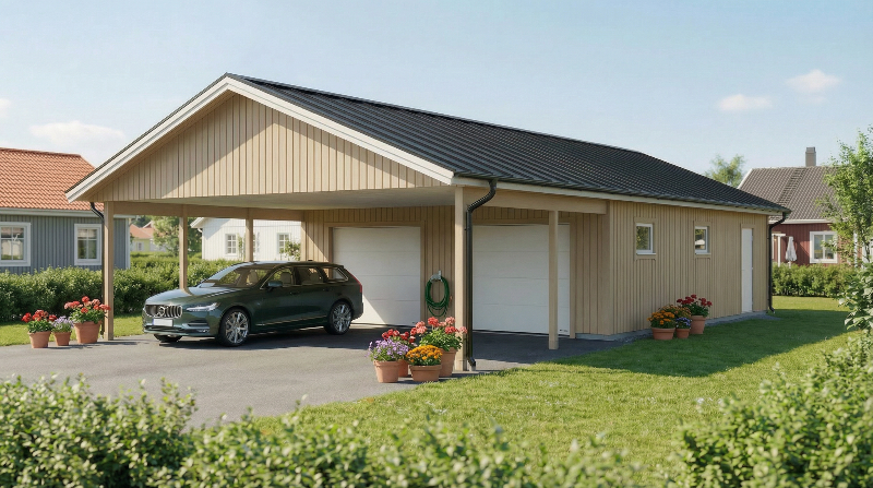 Dubbelgarage med carport i ljus träfasad, mörkt tak och stora garageportar