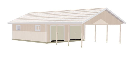 Dubbelgarage med carport i ljusbeige, vit pelarkonstruktion och dubbla dörröppningar