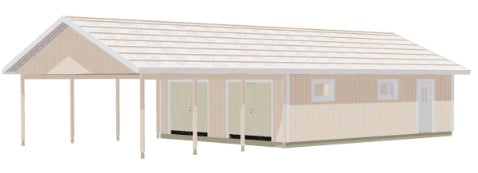 Dubbelgarage med carport, ljus fasad och sadeltak, öppna pelarrader längs sidan.