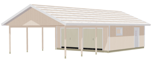 Garagebyggnad med carport, ljus panel, mörkt fackverk under tak och dörröppningar