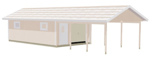 Garagebyggnad med carportstomme och sadeltak, ljus panel med dörrparti