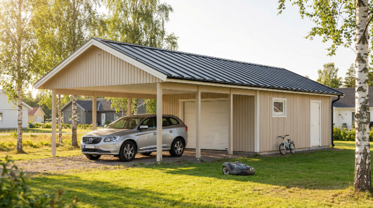 Fristående garage med carport, ljus träpanel och mörkt tak, två pelarrader