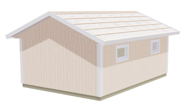 Enkelgarage i ljus träpanel med sidodörr, fönster och sadeltak.