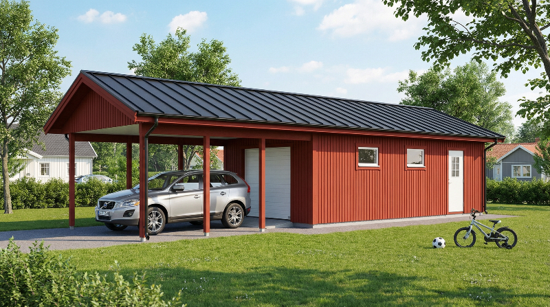 Fristående garage med carport, röd fasad och mörkt tak, plats för bil.