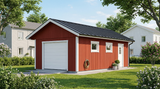 Enkelgarage med röd träpanel, vit garageport och mörkt tak