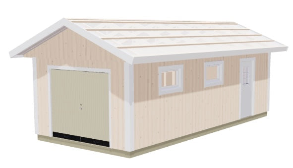 Enkelgarage Romelsön 32 m² i ljus trä med fönster och stor garageport, sadeltak