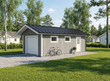 Enkelgarage Romelsön 32 m²: ljus träpanel, mörkt tak och stor garageport