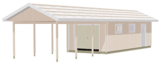 Enkelgarage med carportstolpar och ljusa väggpaneler, mörkt tak, sidovy.