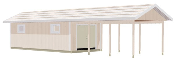 Enkelgarage med carport, ljus fasad och fönster, öppning i front.