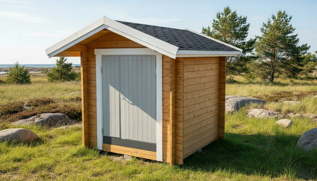 Träförråd med grå dörr och sadeltak, stående panel