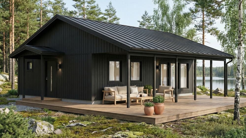 Fritidshus med mörk fasad, grått sadeltak och stora fönster samt altan