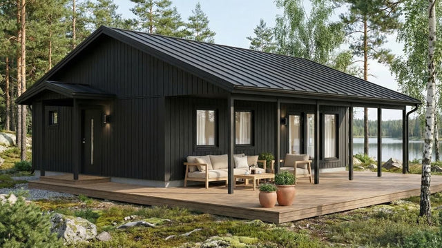 Fritidshus med mörk fasad, grått sadeltak och stora fönster samt altan