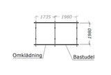 Bastustuga skiss med mått 1735×1980 och markerade omklädning och bastudel